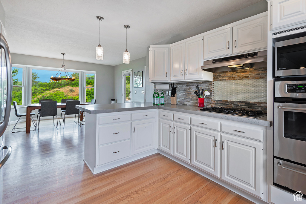 Kitchen with stainless steel appliances, a warming drawer, under cabinet range hood, light wood finished floors, and a peninsula