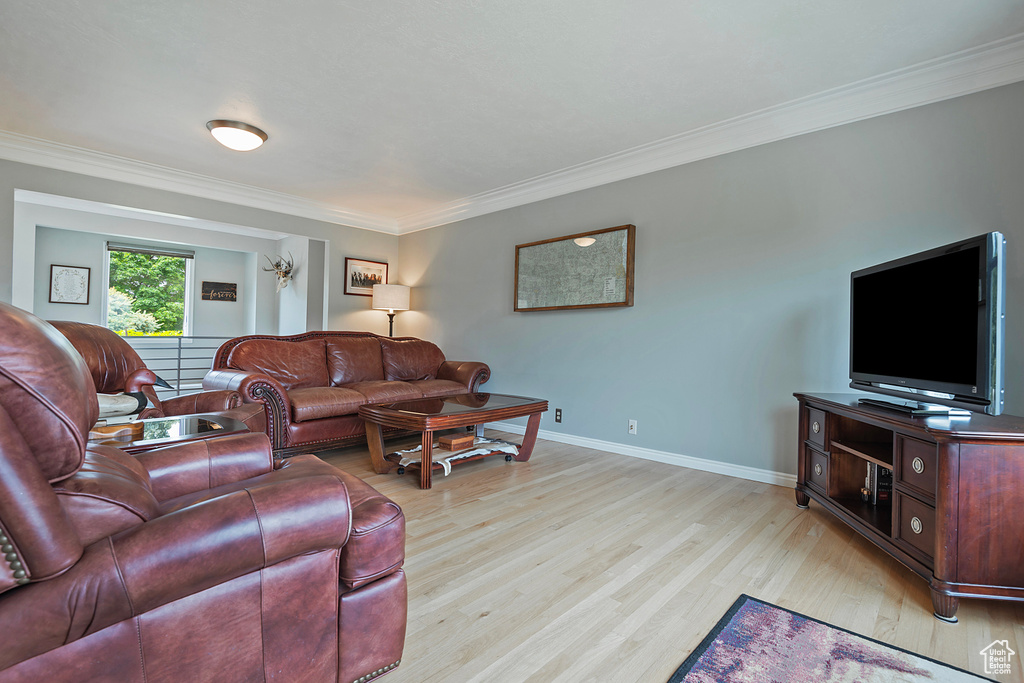Living area with crown molding, light wood-type flooring, and baseboards