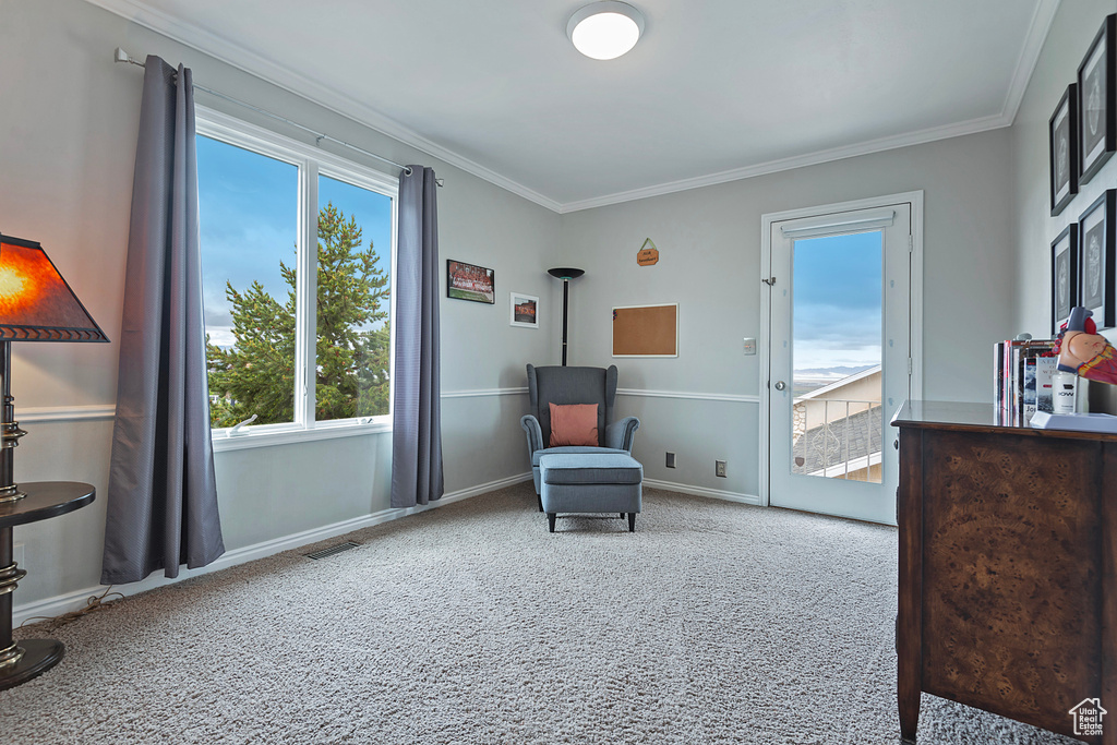 Sitting room with carpet flooring, ornamental molding, and baseboards