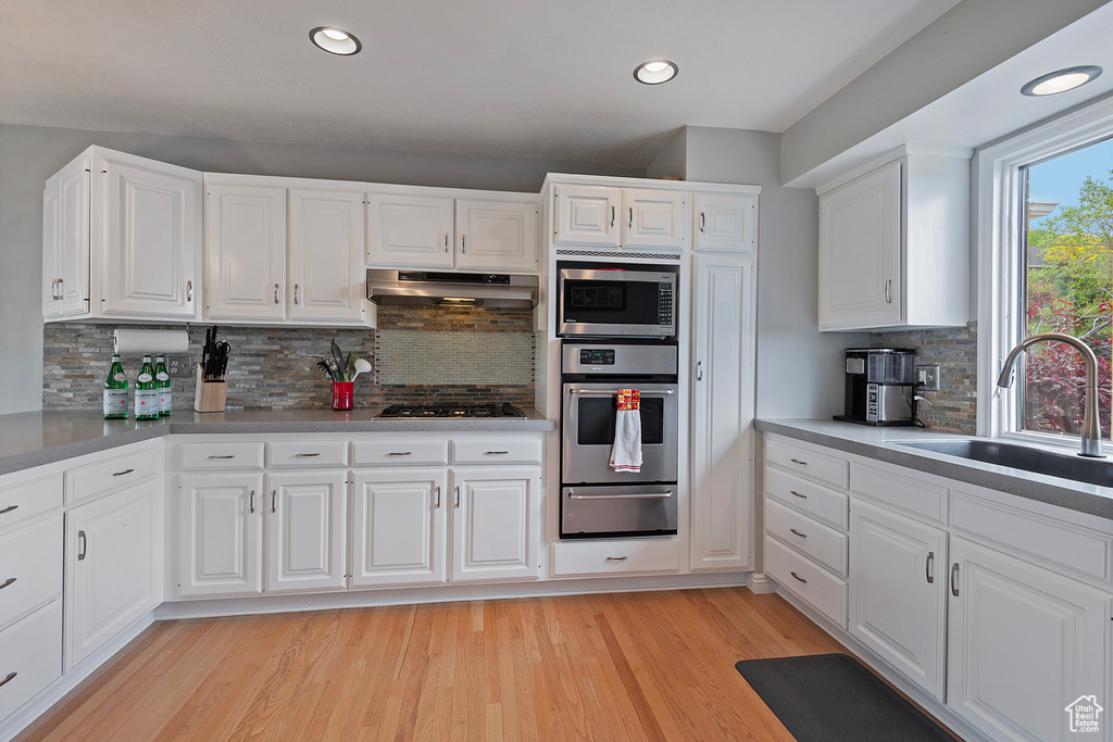 Kitchen featuring stainless steel appliances, under cabinet range hood, a sink, a warming drawer, and decorative backsplash