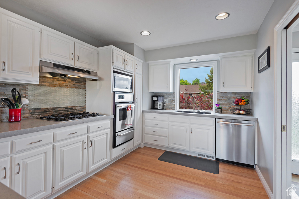 Kitchen featuring stainless steel appliances, under cabinet range hood, a sink, decorative backsplash, and recessed lighting