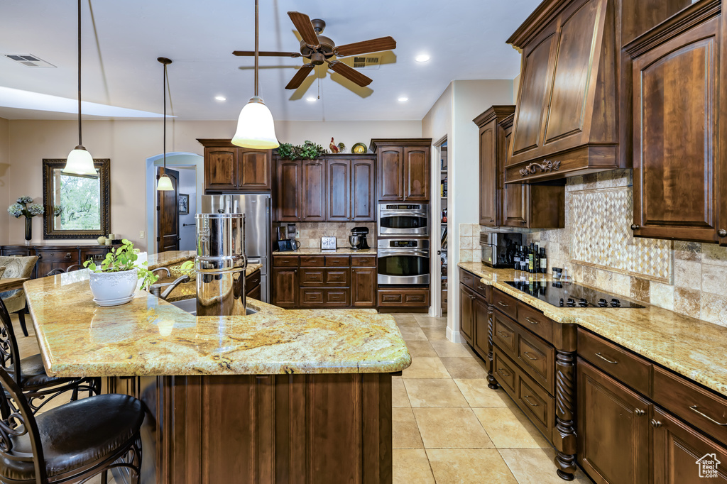 Kitchen with appliances with stainless steel finishes, a sink, custom exhaust hood, ceiling fan, and light stone counters