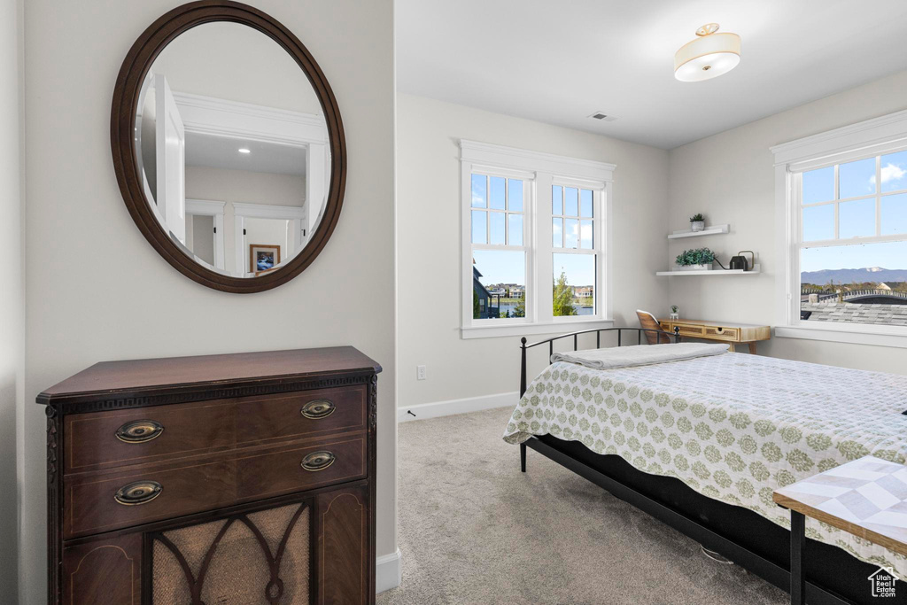 Carpeted bedroom with multiple windows and baseboards