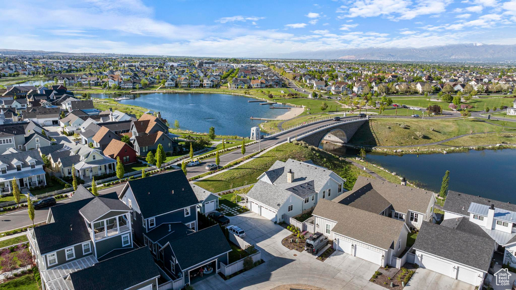 Aerial view of residential area with a water and mountain view
