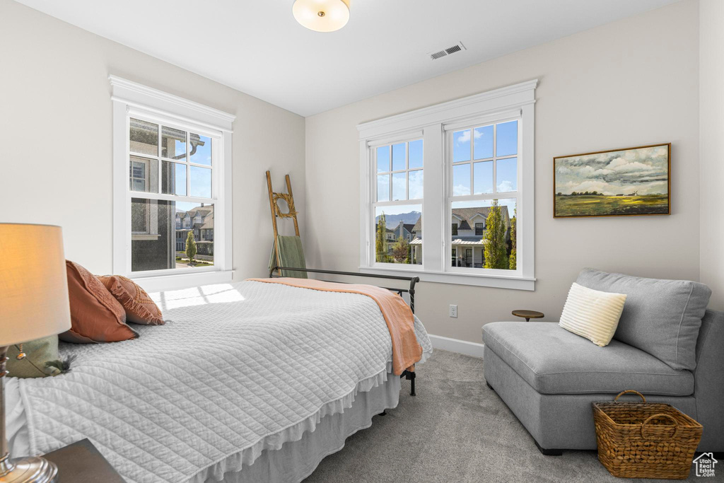 Carpeted bedroom with baseboards