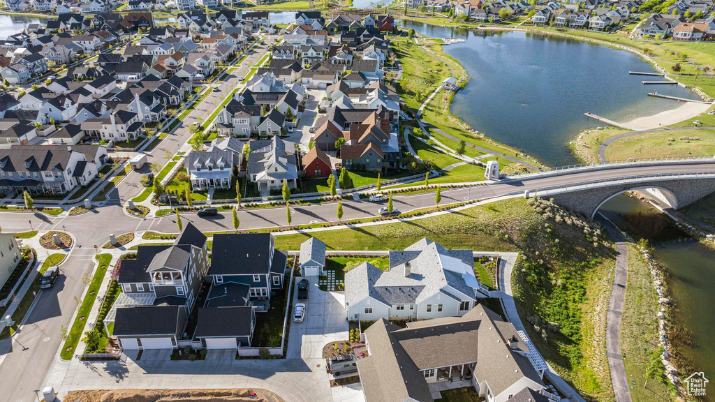 Aerial view of residential area with a large body of water