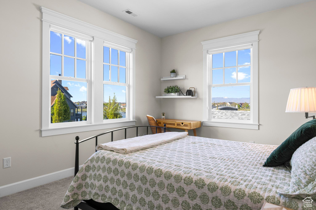 Carpeted bedroom featuring multiple windows and baseboards