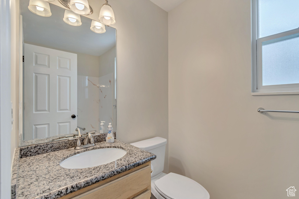 Full bathroom with toilet, vanity, and a shower