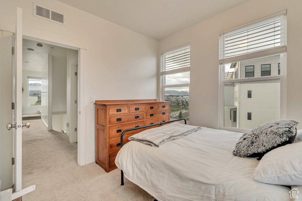 Bedroom with light colored carpet