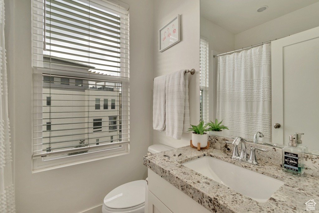 Full bathroom featuring toilet, vanity, and a shower with shower curtain