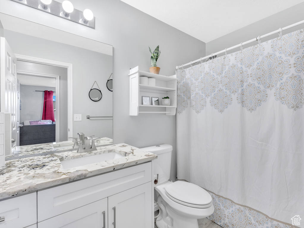 Full bath featuring toilet, vanity, and a shower with curtain