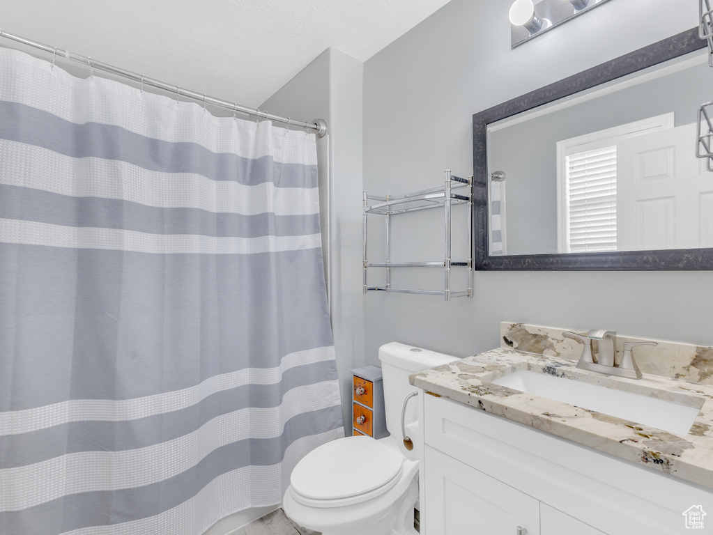 Full bathroom with toilet, vanity, and a shower with shower curtain