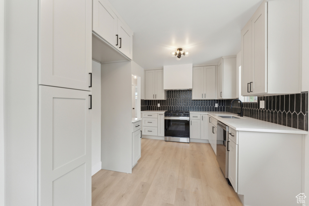 Kitchen featuring gas stove, dishwasher, a sink, decorative backsplash, and light wood finished floors
