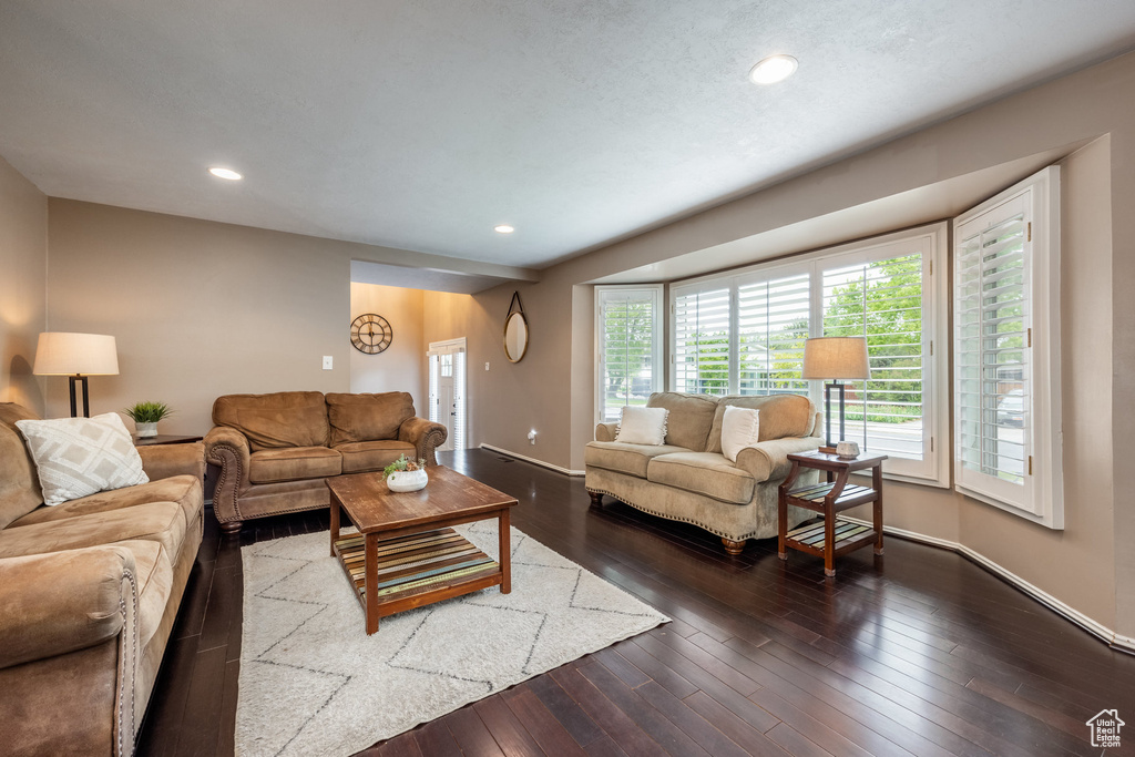 Living area with dark wood-style flooring, baseboards, and recessed lighting