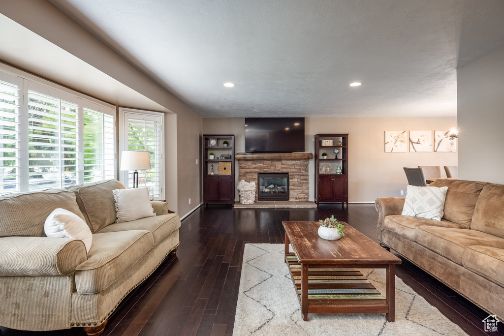 Living area with dark wood-style floors, baseboards, a stone fireplace, and recessed lighting