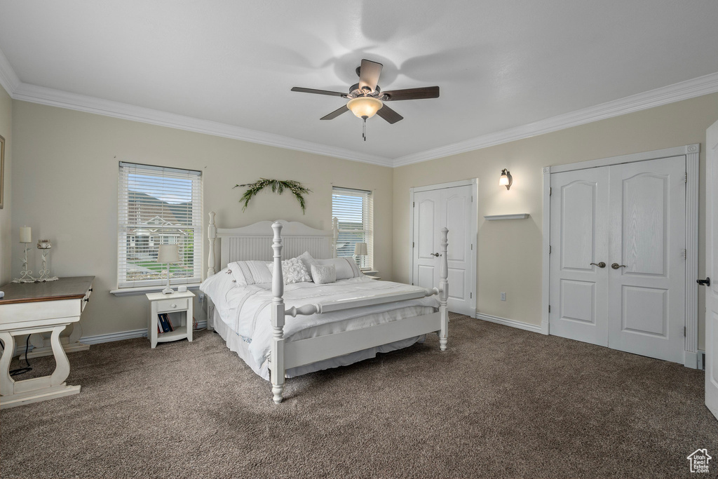 Carpeted bedroom with crown molding, ceiling fan, and baseboards