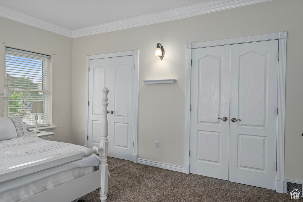 Carpeted bedroom with ornamental molding and baseboards