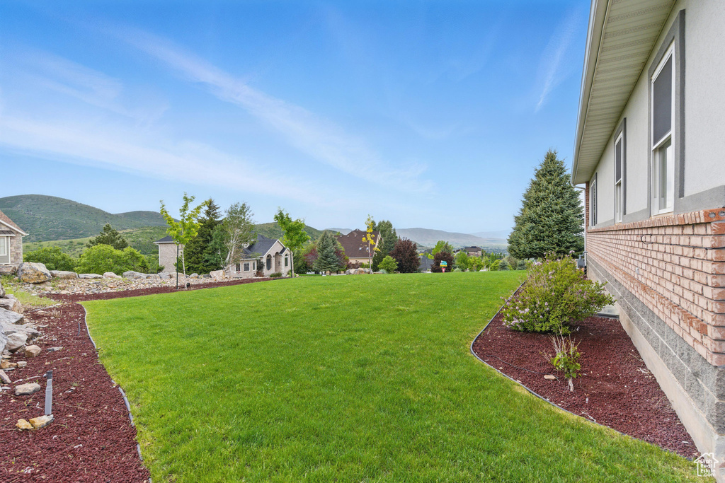 View of grassy yard with a mountain view