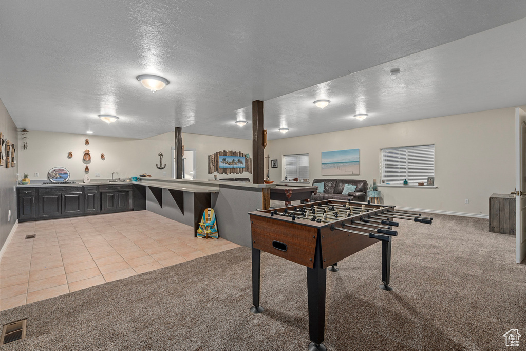 Recreation room with a textured ceiling, carpet flooring, a sink, tile patterned floors, and baseboards