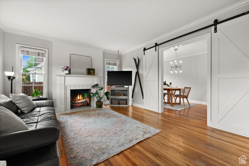 Living room with a barn door, wood finished floors, plenty of natural light, ornamental molding, and a chandelier