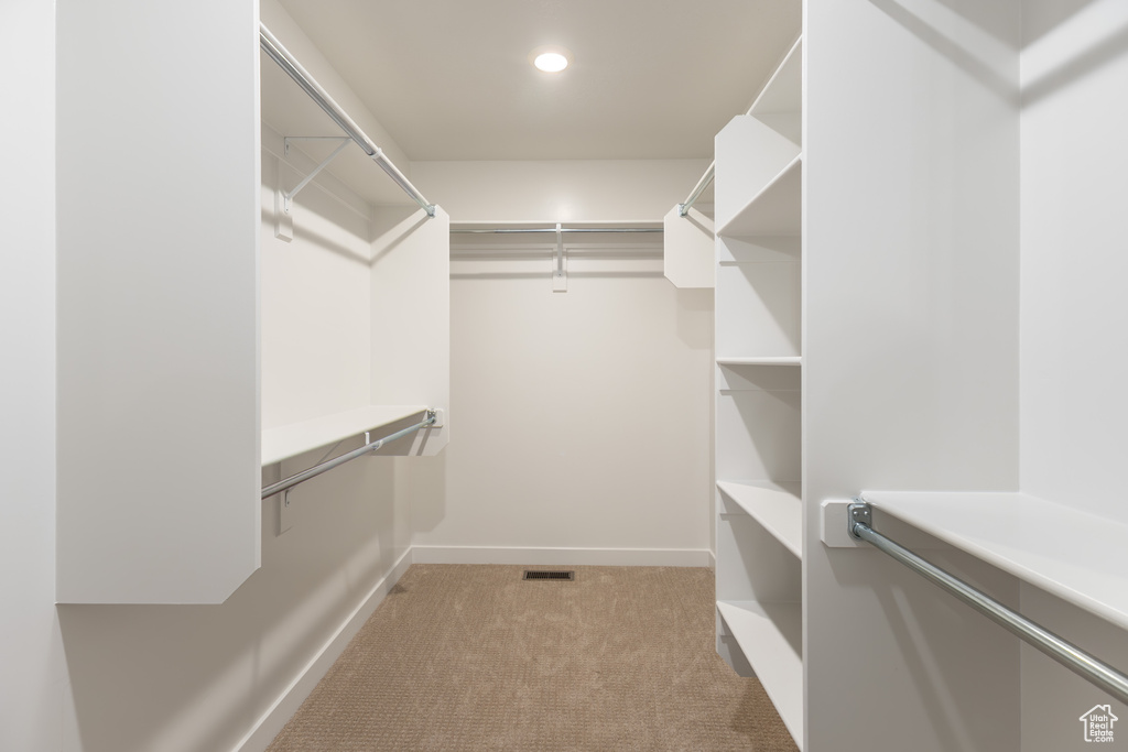 Spacious closet featuring light colored carpet