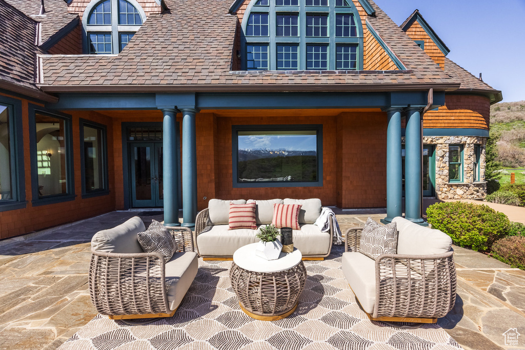 View of patio / terrace featuring french doors and an outdoor hangout area