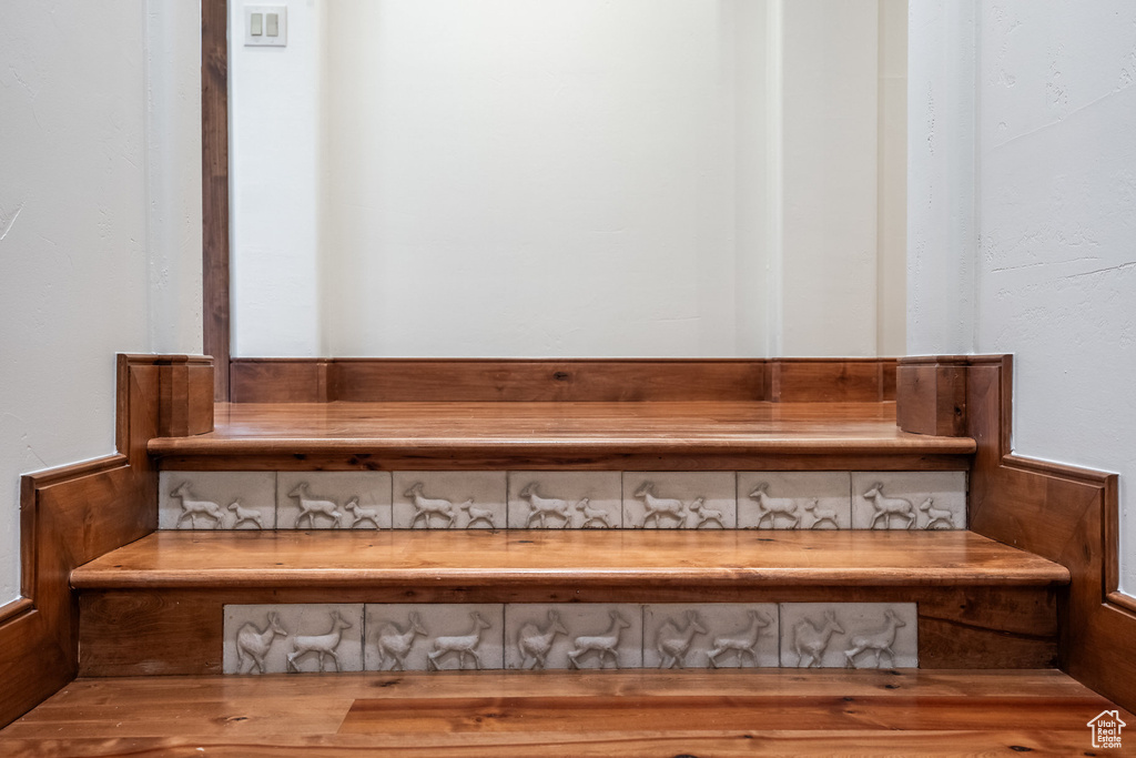 Stairs featuring a relaxing sauna