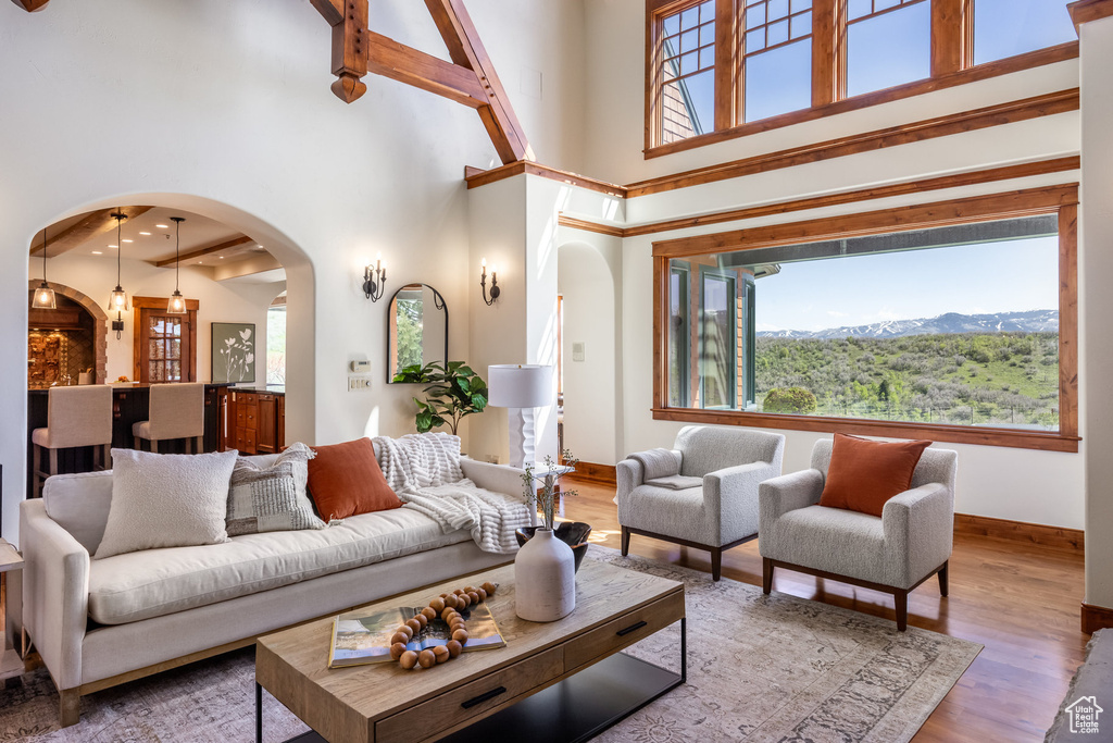 Living room featuring arched walkways, healthy amount of natural light, wood finished floors, baseboards, and a high ceiling