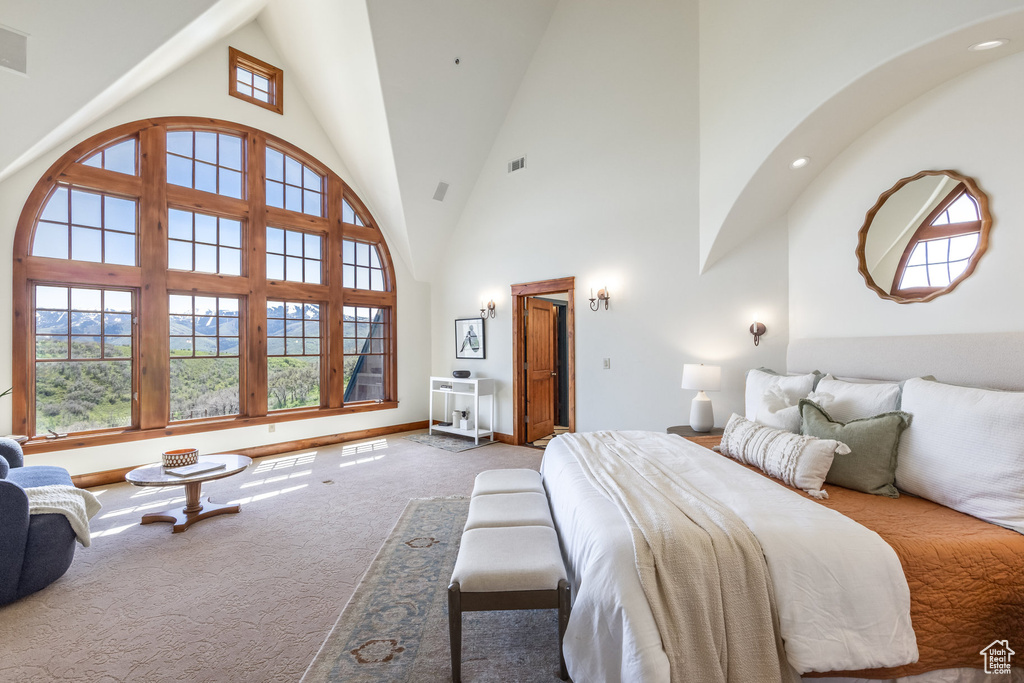Bedroom featuring carpet, high vaulted ceiling, multiple windows, and baseboards