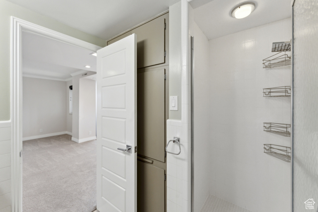 Hall featuring light colored carpet and baseboards