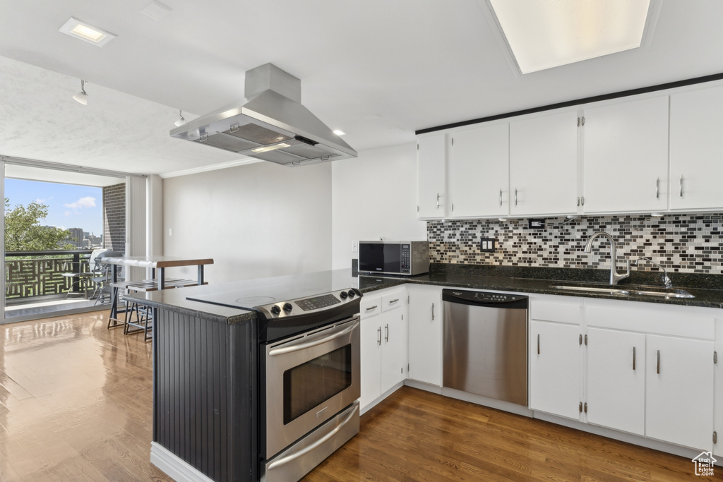 Kitchen with stainless steel appliances, a sink, island range hood, decorative backsplash, and a peninsula