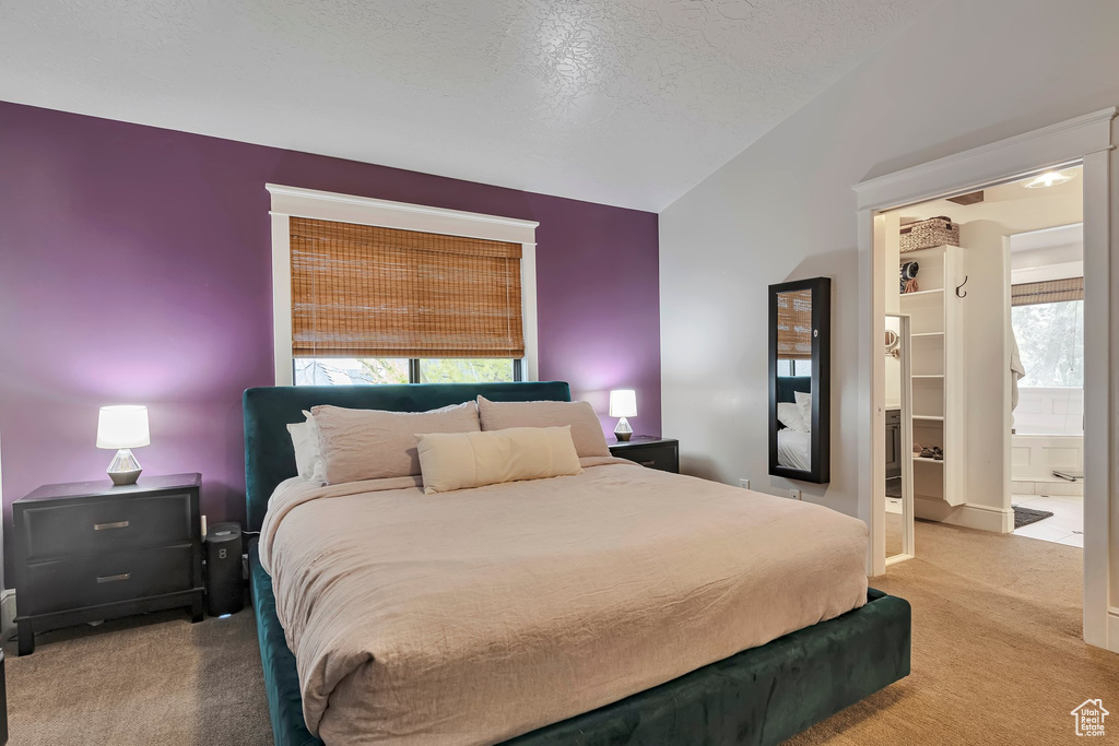Carpeted bedroom with vaulted ceiling, a spacious closet, a textured ceiling, and a closet