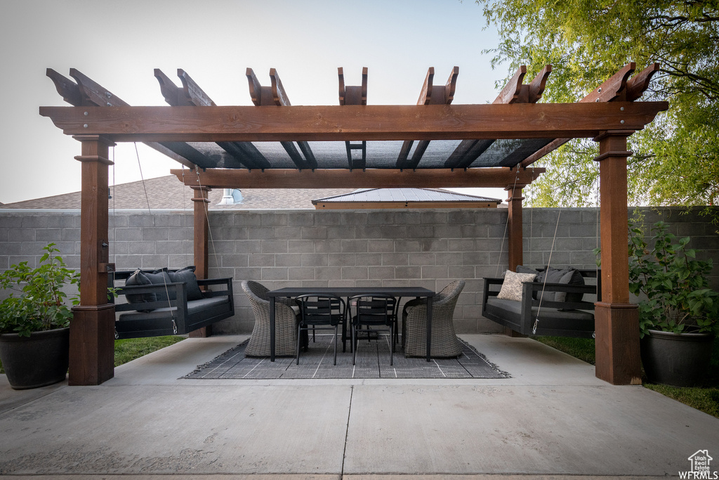 View of patio featuring outdoor dining space, a pergola, and a fenced backyard