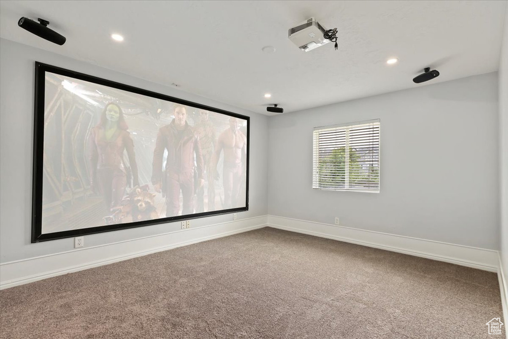 Home theater with carpet flooring, recessed lighting, and baseboards
