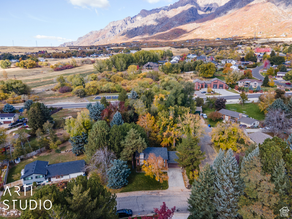 Aerial perspective of suburban area featuring a mountain backdrop