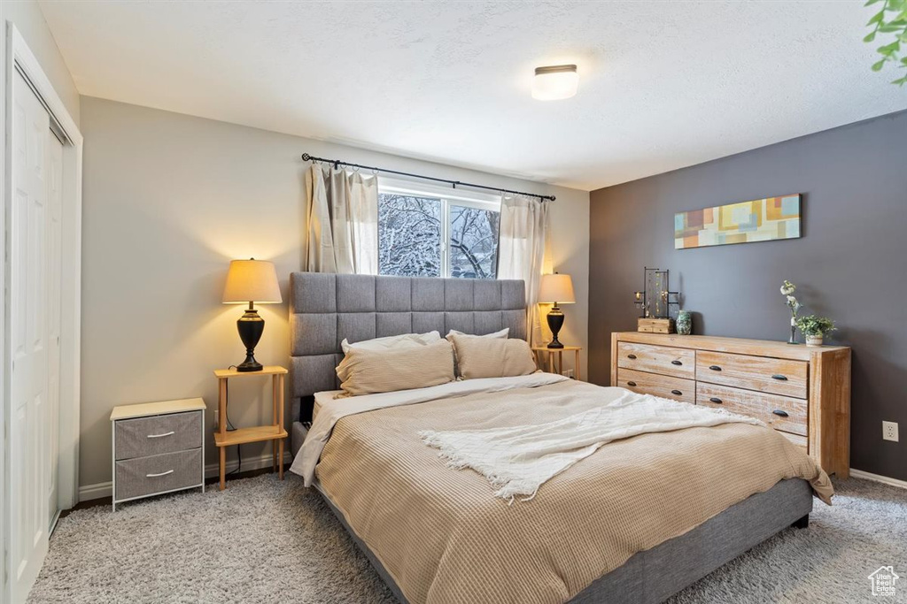 Bedroom featuring carpet flooring, a closet, and baseboards