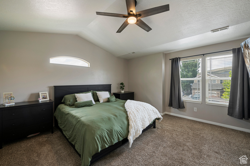 Carpeted bedroom featuring baseboards, a ceiling fan, lofted ceiling, and a textured ceiling
