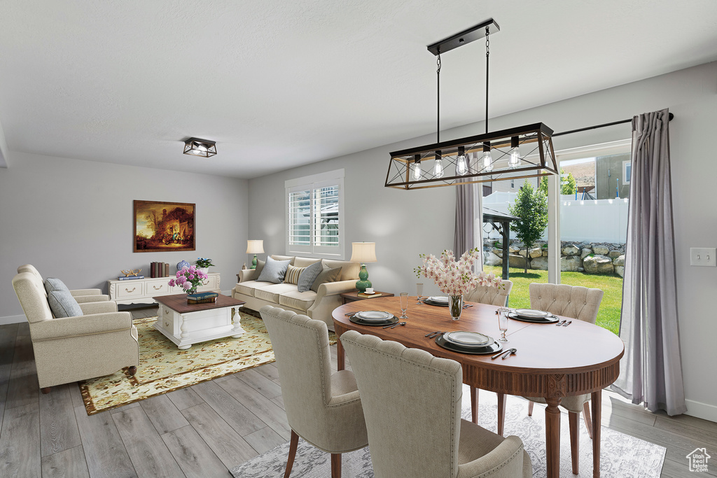 Dining room with light wood-style flooring and baseboards