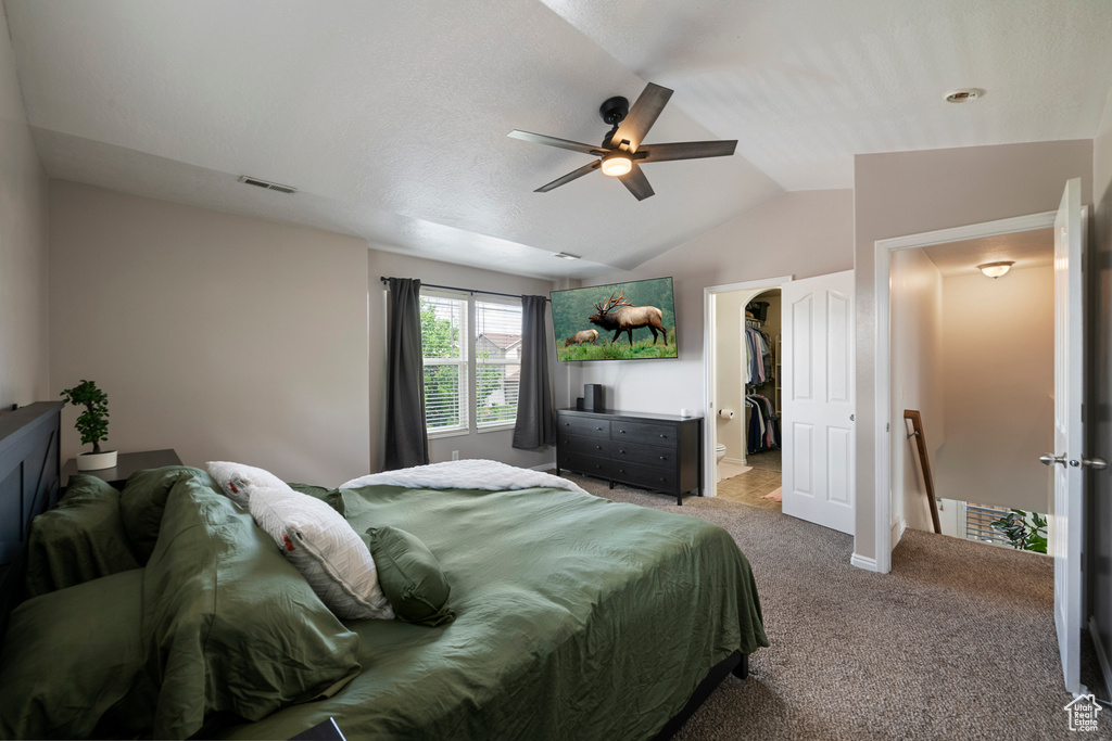 Carpeted bedroom with lofted ceiling, a walk in closet, ceiling fan, and a closet