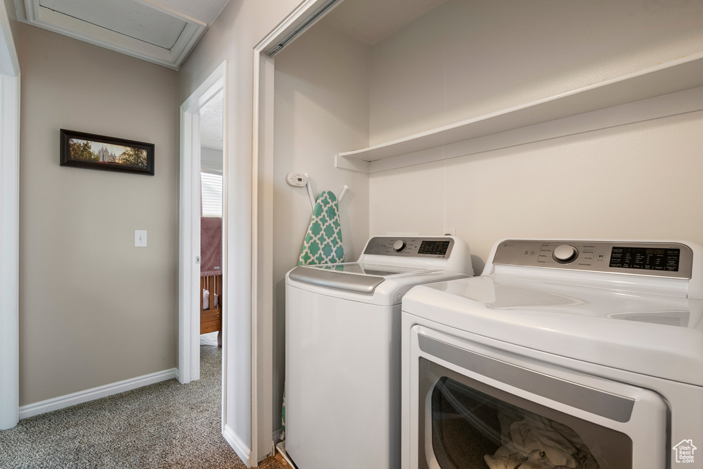 Laundry room with carpet, baseboards, and washer and clothes dryer
