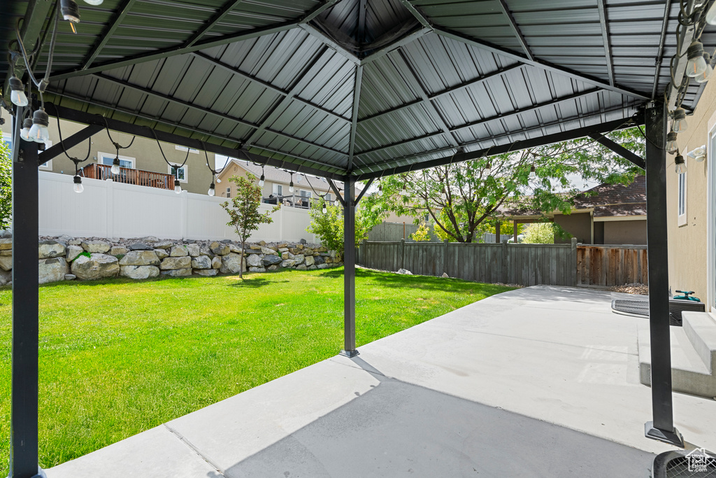 Fenced backyard featuring a patio area