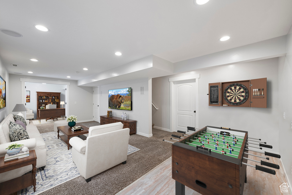 Rec room featuring recessed lighting and wood finished floors