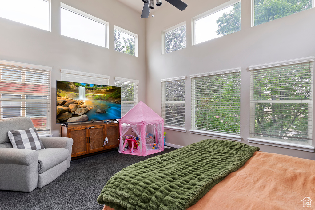 Recreation room with a high ceiling, ceiling fan, and carpet floors