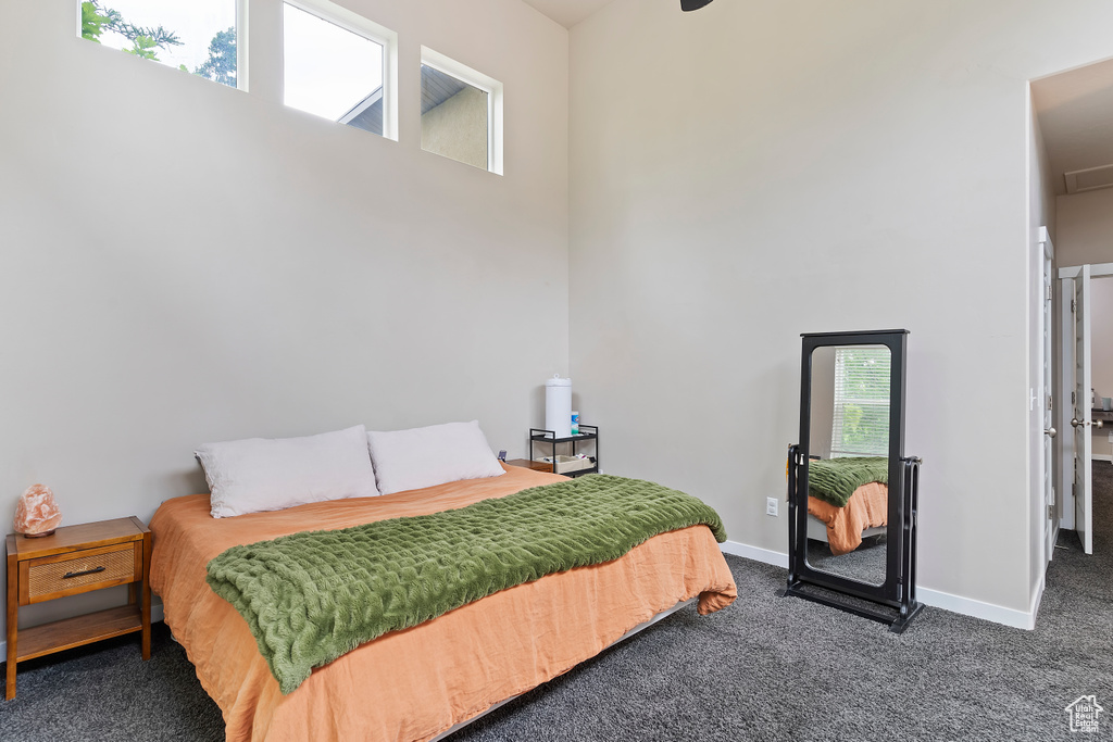 Carpeted bedroom with a towering ceiling and baseboards