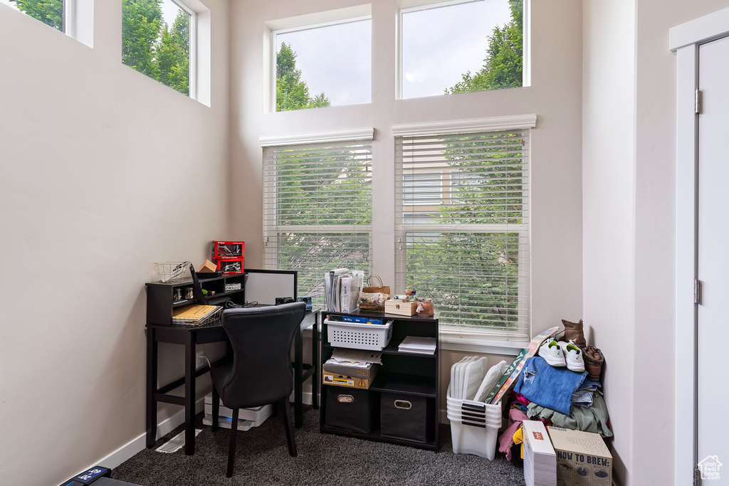 Carpeted home office featuring a high ceiling