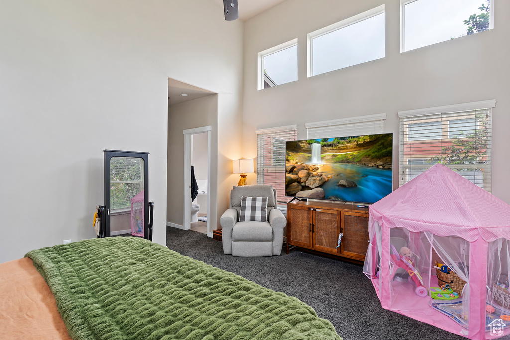 Bedroom featuring dark colored carpet, a high ceiling, and multiple windows