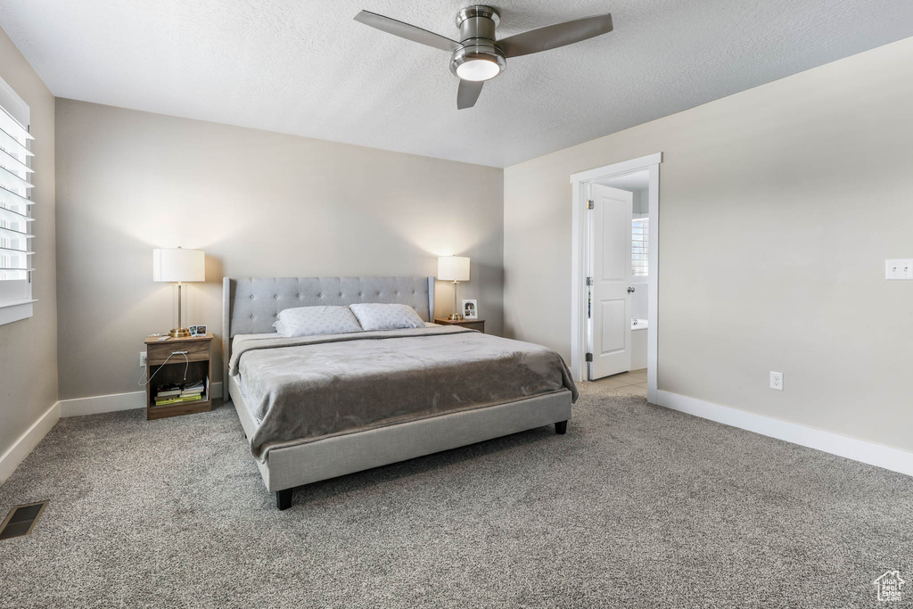Carpeted bedroom with multiple windows, baseboards, a textured ceiling, and a ceiling fan