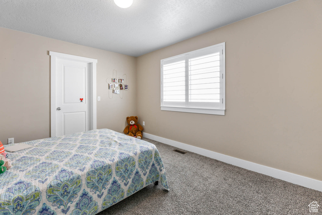 Bedroom featuring carpet flooring, baseboards, and a textured ceiling