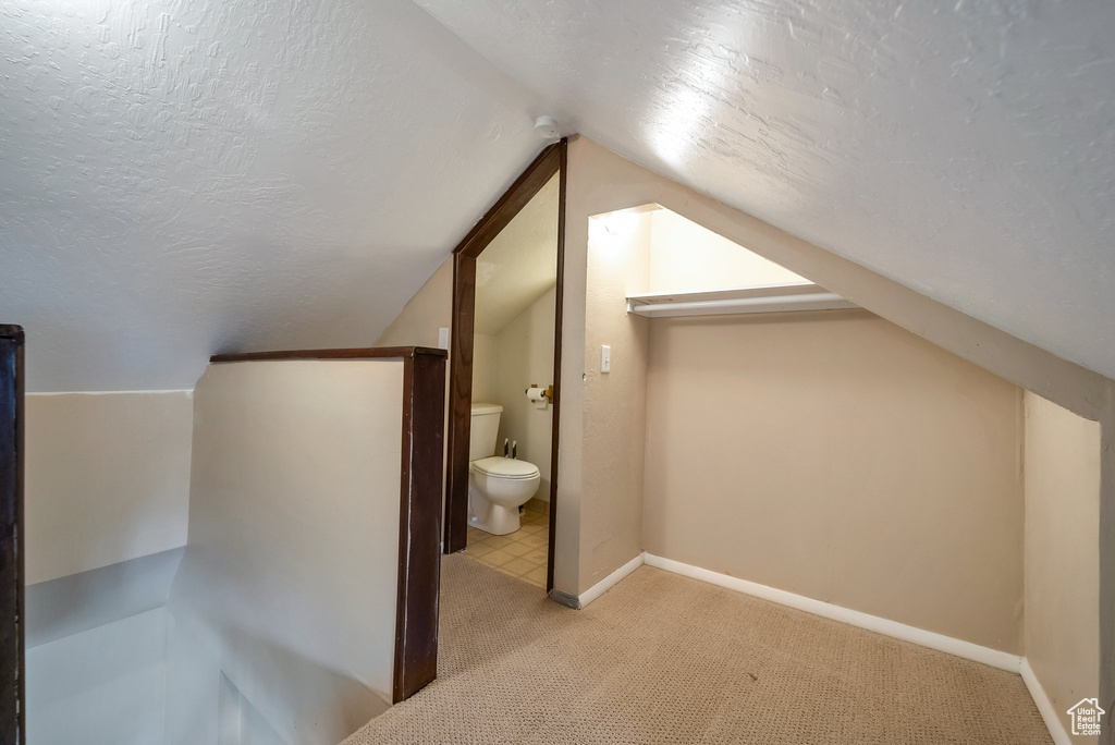 Additional living space featuring a textured ceiling, carpet, lofted ceiling, and baseboards