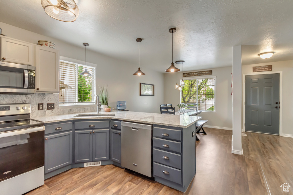 Kitchen with stainless steel appliances, a sink, gray cabinetry, a peninsula, and light wood finished floors